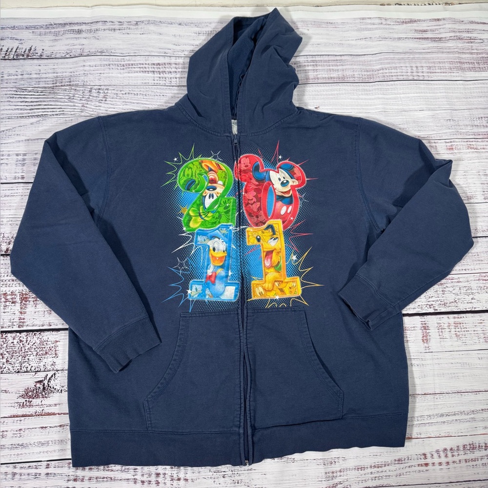 Disney Navy Blue Zip-Up 2011 Hoodie with Mickey Donald Goofy Pluto
